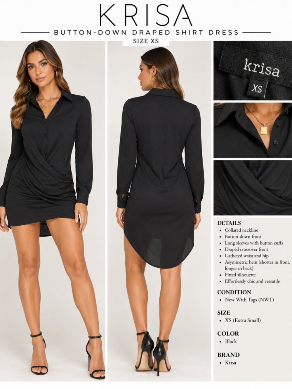 KRISA BLACK BUTTON-DOWN DRAPED SHIRT DRESS XS NWT